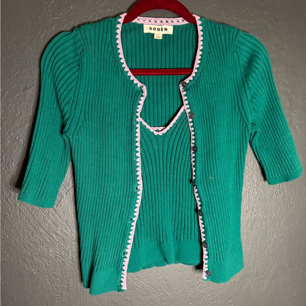 Boden Green pink trim Women's short sleeve cardigan with knit matching tank set